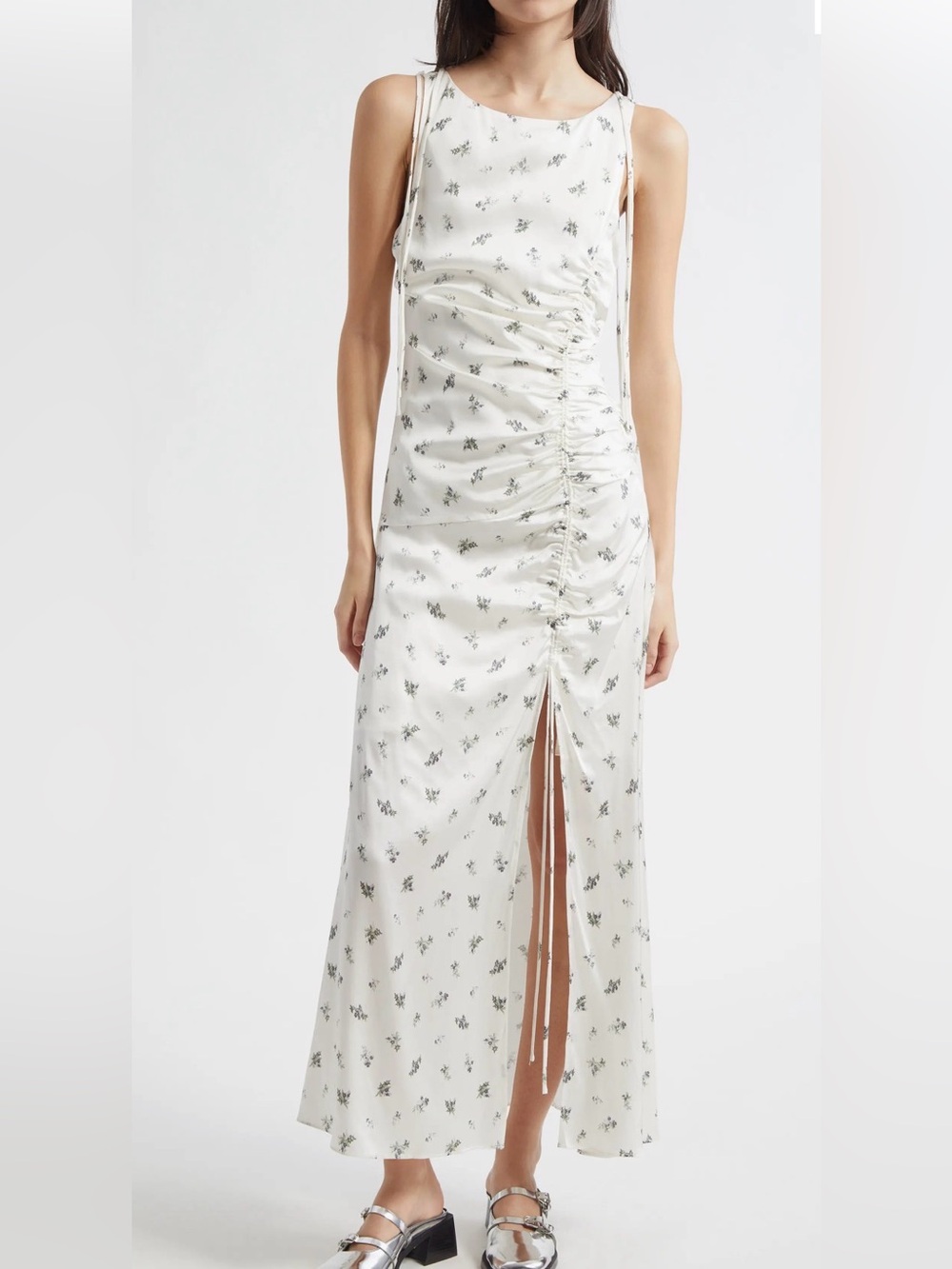 Ganni Ivory Floral Ruched Midi Dress